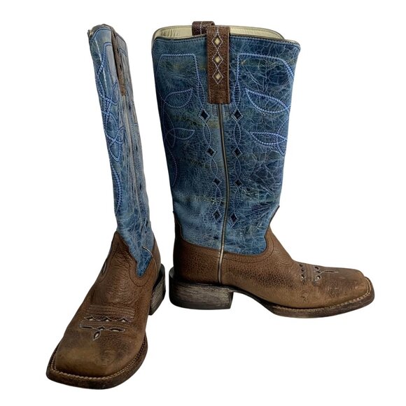 Ariat Womens Western Boots Size 7B Tan Blue Leather Square Toe 10015334 - Picture 1 of 6